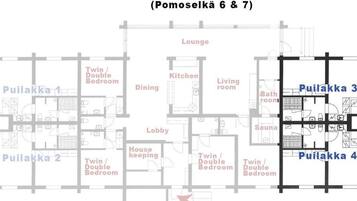 A floor plan of a hotel with multiple Puilakka rooms, a private area, and a lounge.