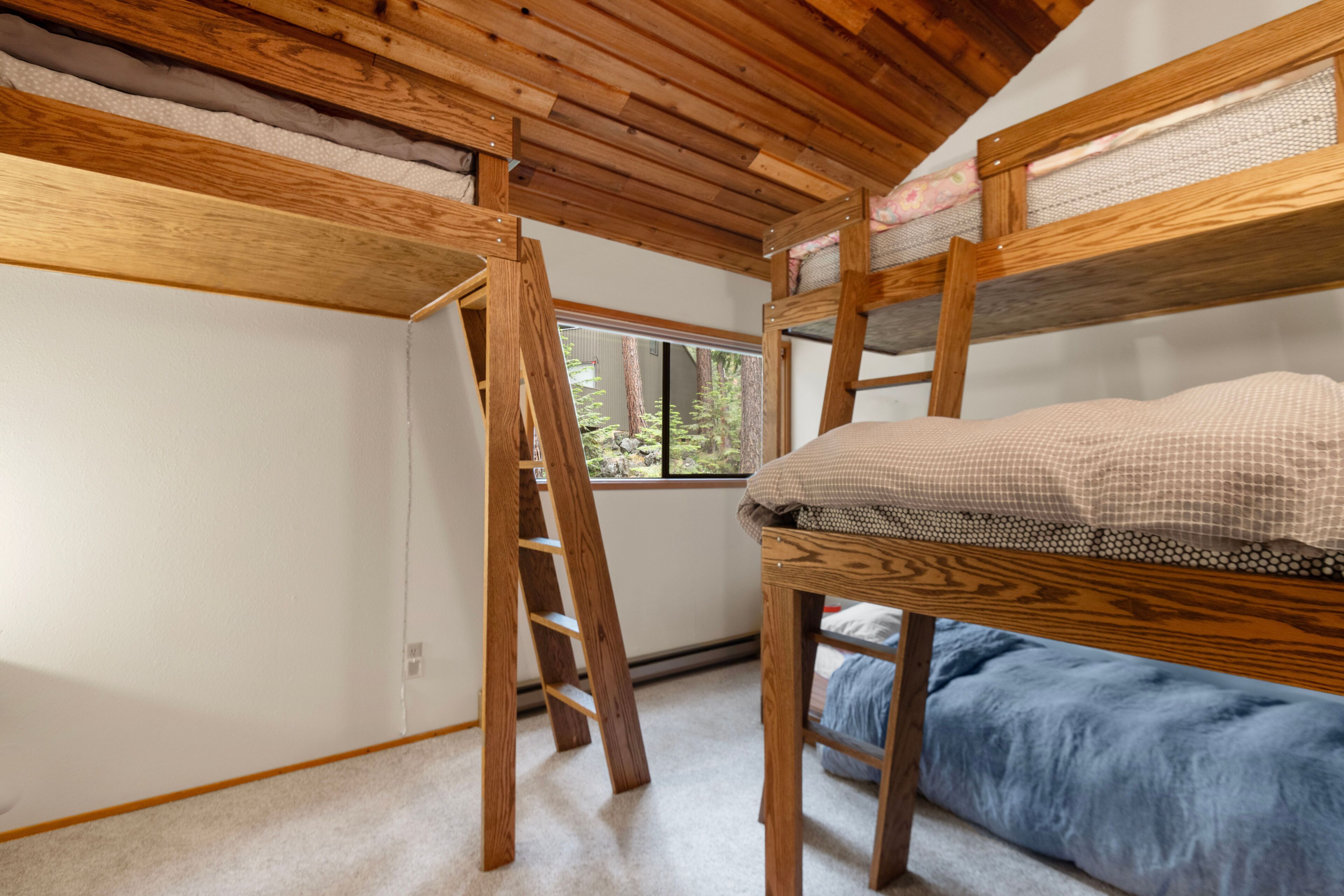 A bunk bed room with a wooden ladder, a window with a view of trees, and a carpeted floor.
