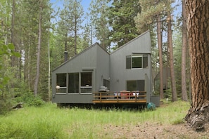 Une cabane dotée d’une terrasse, de grandes fenêtres et d’une cheminée, entourée de grands arbres.