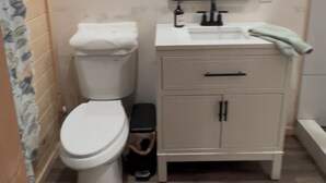 A small bathroom with a white toilet, a sink, and a mirror. There are two rugs on the floor.