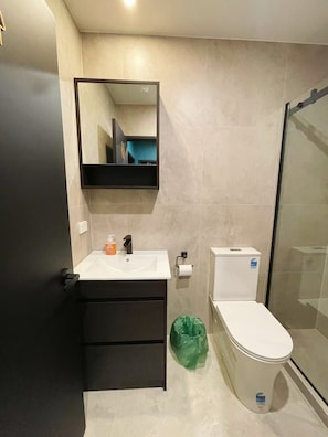 Chuveiro, produtos de toalete grátis, secador de cabelo, shampoo