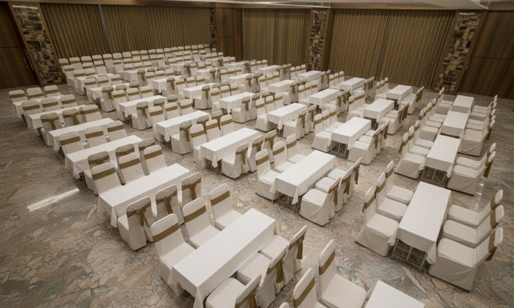 Une grande salle avec des rangées de tables et de chaises, disposées selon un plan en forme de grille.