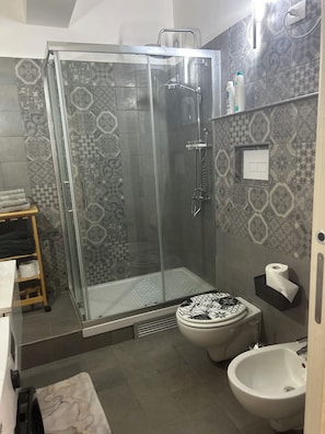 Douche, sĂšche-cheveux, bidet, serviettes fournies