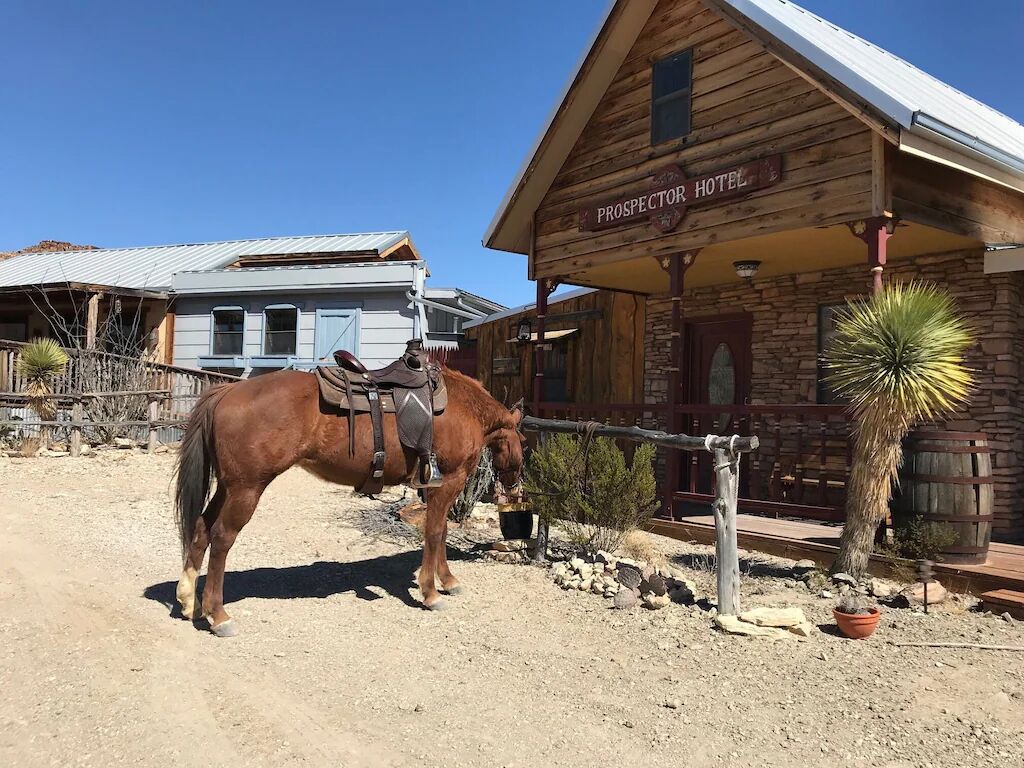 Un bâtiment en bois portant l’inscription « Prospector Hotel », avec un cheval et un cactus au premier plan.