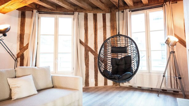 A room with a hanging chair, a sofa, and a floor lamp. - Duplex "Le Bourgogne" historic center of Orléans (Orléans)