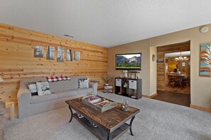 Älytelevisio, takka, DVD-soitin, kirjoja