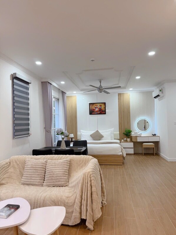 Desk, laptop workspace, blackout drapes, soundproofing