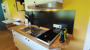 A compact kitchen with a built-in stove, a sink, and a countertop. - Studio Terra Salzburg Ecosuite (Altenmarkt im Pongau)