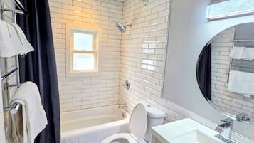 Hair dryer, towels, soap, toilet paper