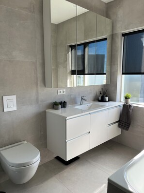 Hair dryer, towels, soap, toilet paper