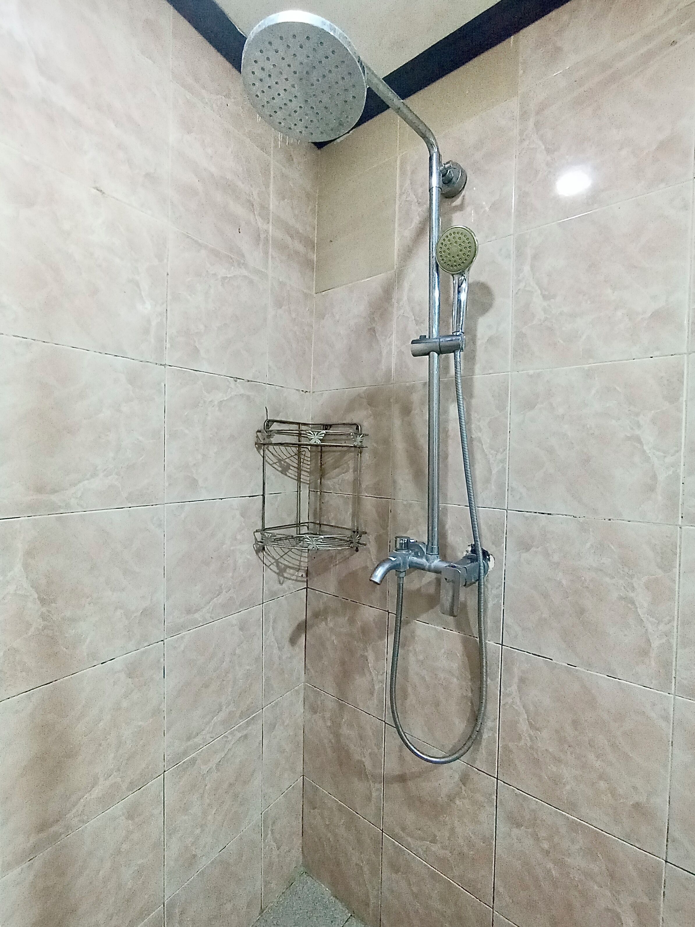 A shower with a handheld showerhead and a wall-mounted faucet.