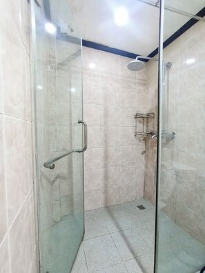 A glass-enclosed shower stall with a handrail, tiled walls, and a ceiling light.