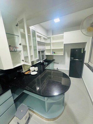 Departamento Deluxe, balcón, vista al jardín | Cocina privada | Refrigerador, microondas, horno y parrilla de estufa 