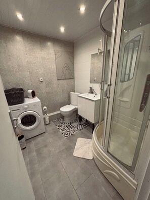 Shower, soap, toilet paper