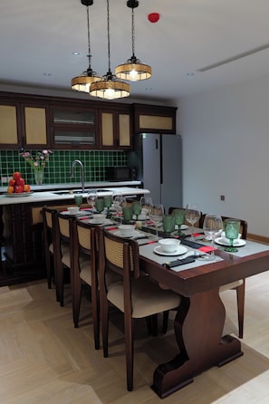 Family Apartment, Lake View | Private kitchen | Fridge, microwave, oven, stovetop