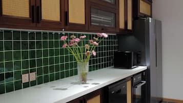 Family Apartment, Lake View | Private kitchen | Fridge, microwave, oven, stovetop