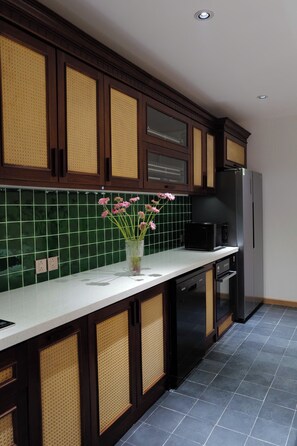 Family Apartment, Lake View | Private kitchen | Fridge, microwave, oven, stovetop