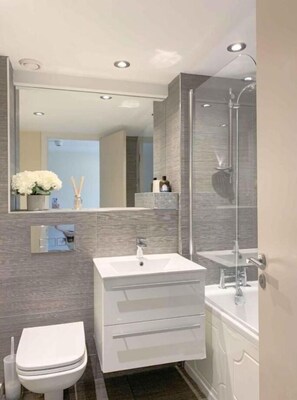 Douche, séchoir à cheveux, serviettes fournies, savon