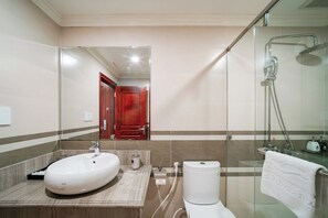 Hair dryer, towels, soap, toilet paper