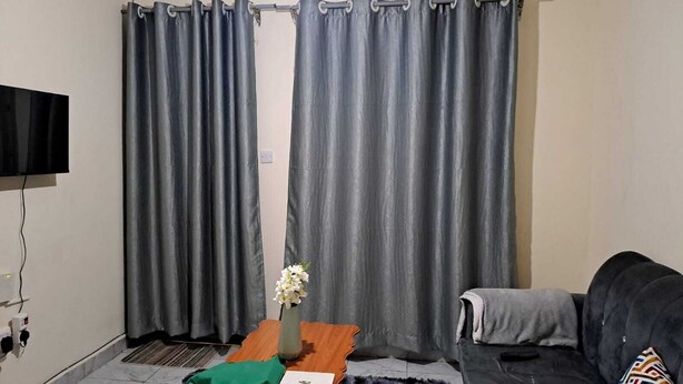 A living room with a grey sofa, a small wooden table with a vase of flowers, and a TV mounted on the wall. - Humble Homes 1 bedroom Thika Town CBD access to Netflix,Fridge,wifi (thika)