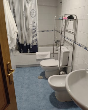 Shower, hair dryer, bidet, towels