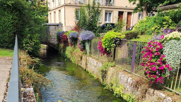 A canal with a stone wall on one side and a metal railing on the other. There are colorful flowers and plants along the railing.