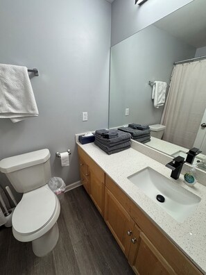 Hair dryer, towels, soap, shampoo