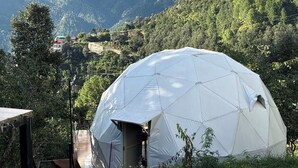 A dome-shaped tent with a door, surrounded by lush greenery and mountains in the background.