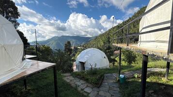 A dome-shaped tent with a stone pathway leading to it, surrounded by lush greenery and mountains in the background.