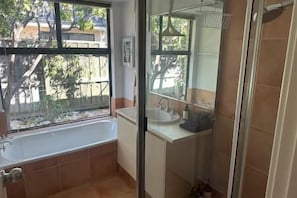 Hair dryer, towels, soap, shampoo