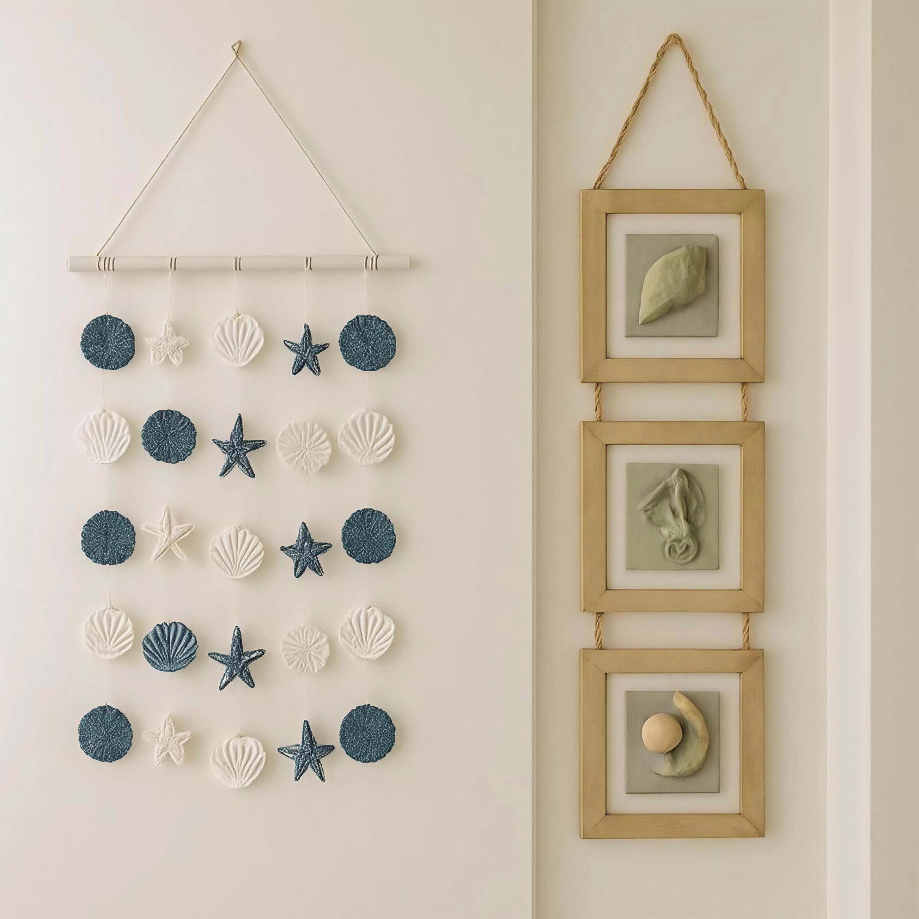 A wall with a hanging decoration of seashells and stars, and three framed artworks.