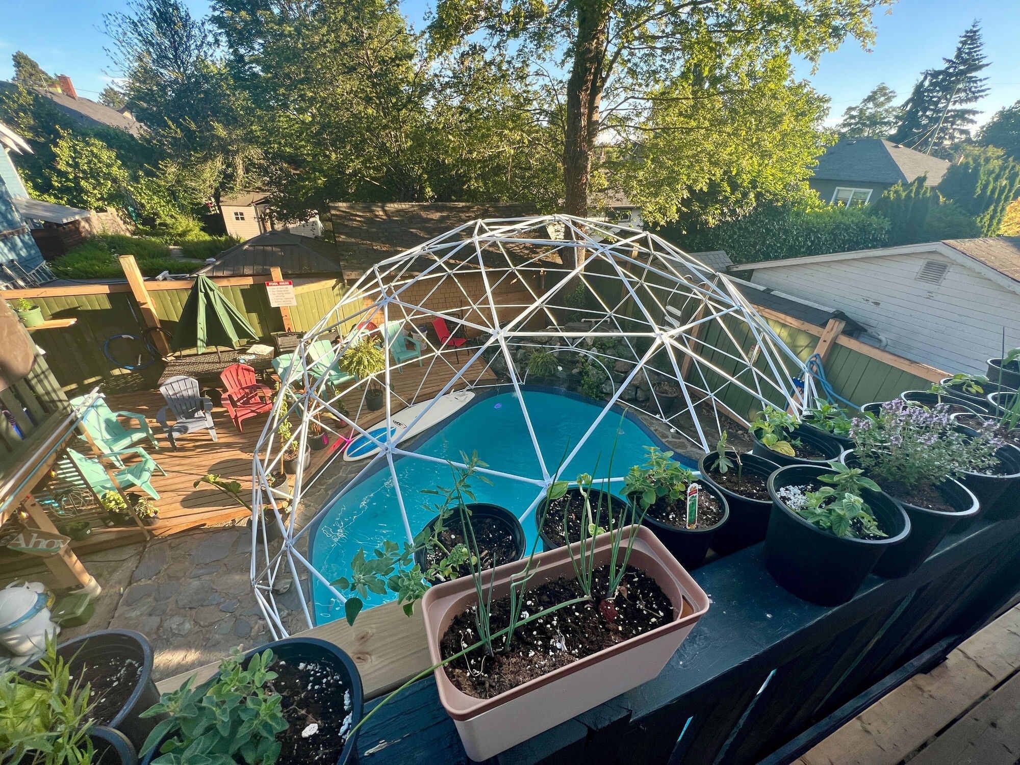 A swimming pool with a geodesic dome structure above it, surrounded by potted plants and outdoor furniture.