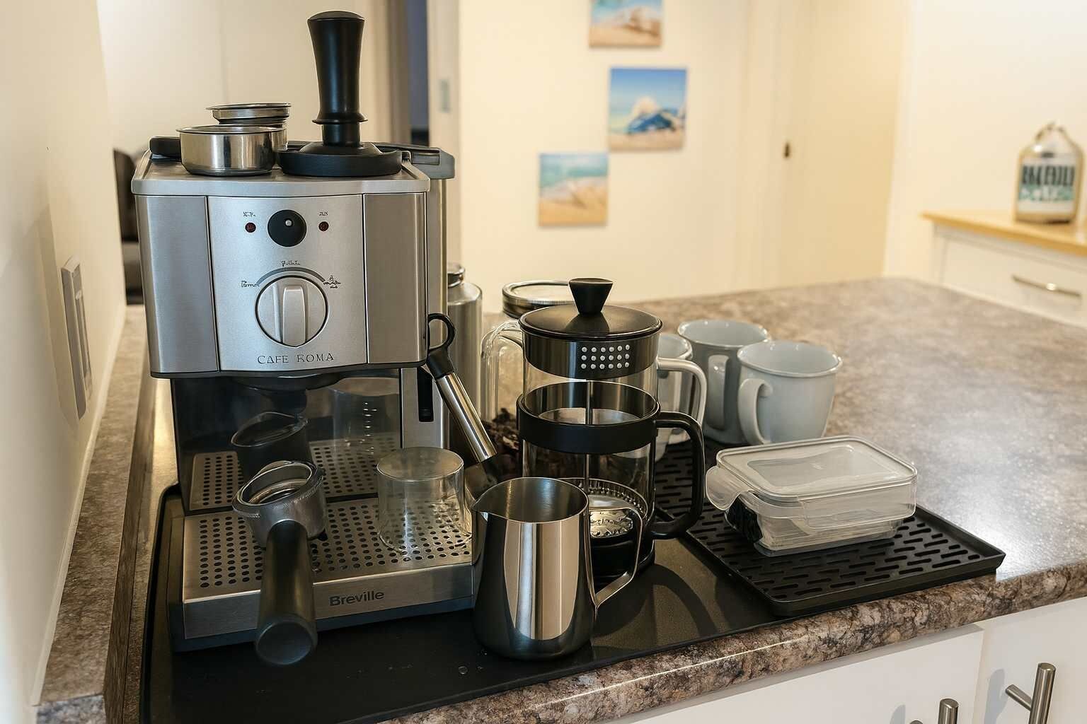 A kitchen with a Breville coffee maker, a coffee pot, a French press, and various coffee cups and containers.