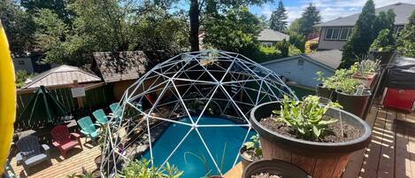 A pool with a geodesic dome structure, surrounded by potted plants and outdoor furniture.