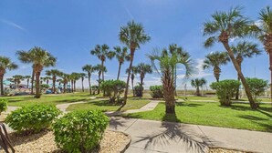 A well-maintained outdoor area with palm trees, a paved walkway, and a grassy lawn. - Sunny Daze 104-Walk-Out Beachfront-Sleeps 6 (Panama City Beach)