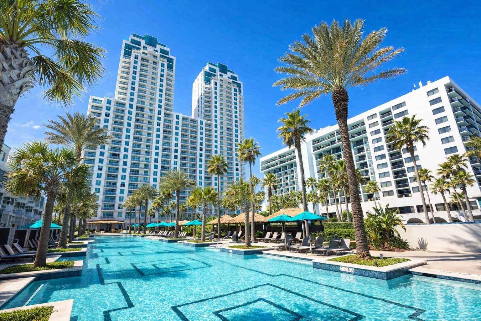 A hotel with a swimming pool, palm trees, and high-rise buildings in the background.