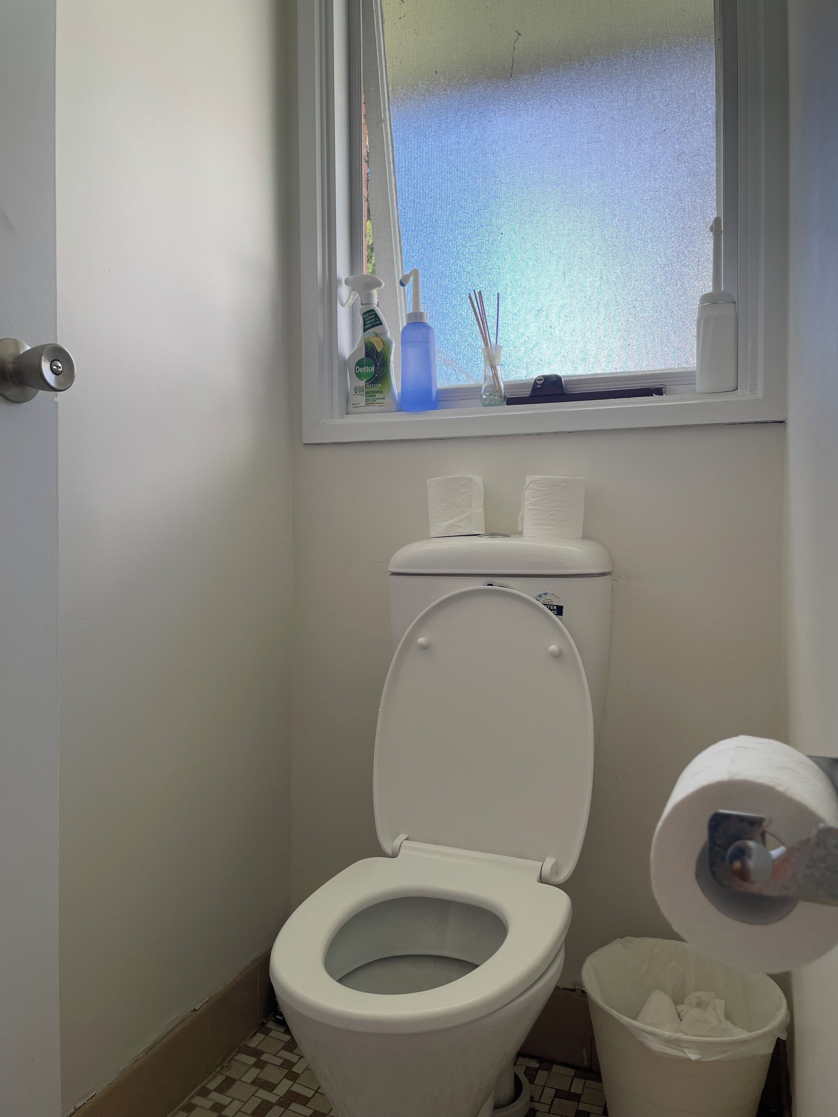 Kylpyhuone, jossa on wc, ikkuna, josta on näkymä, ja roskakori.