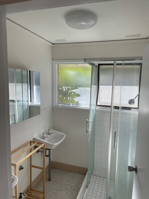 Shower, hair dryer, towels, toilet paper