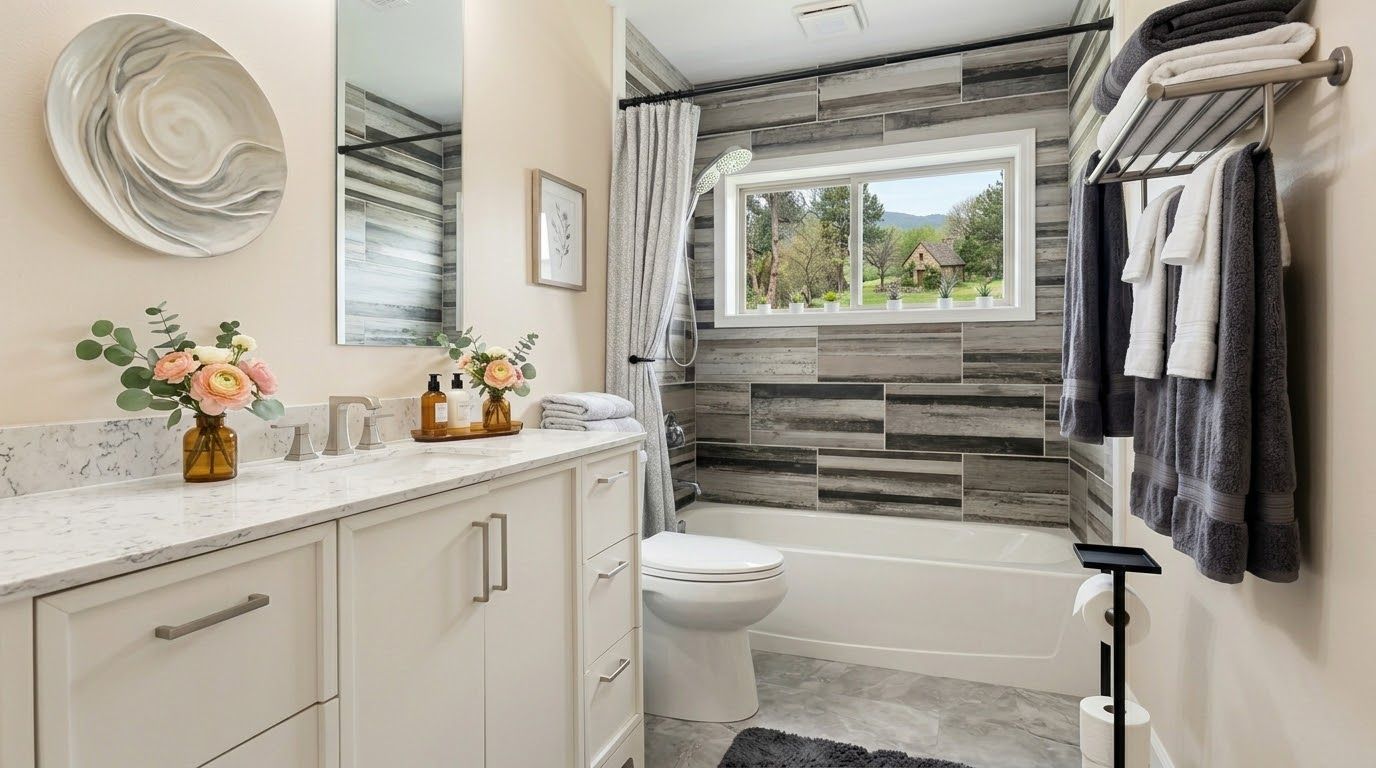 A modern bathroom with a marble countertop, a toilet, a bathtub, and a window with a view of greenery.