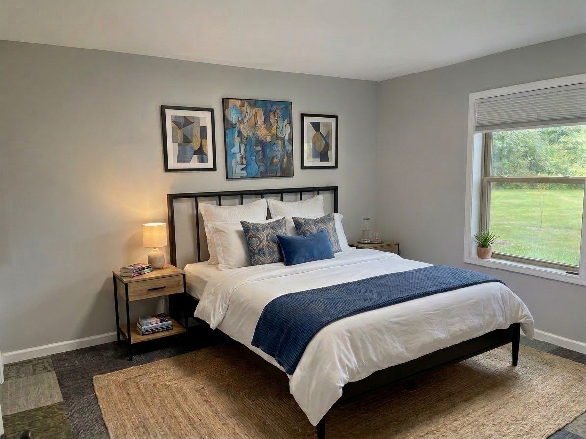 Une chambre à coucher avec un lit, des tables de chevet, une fenêtre et des œuvres d’art accrochées au mur.