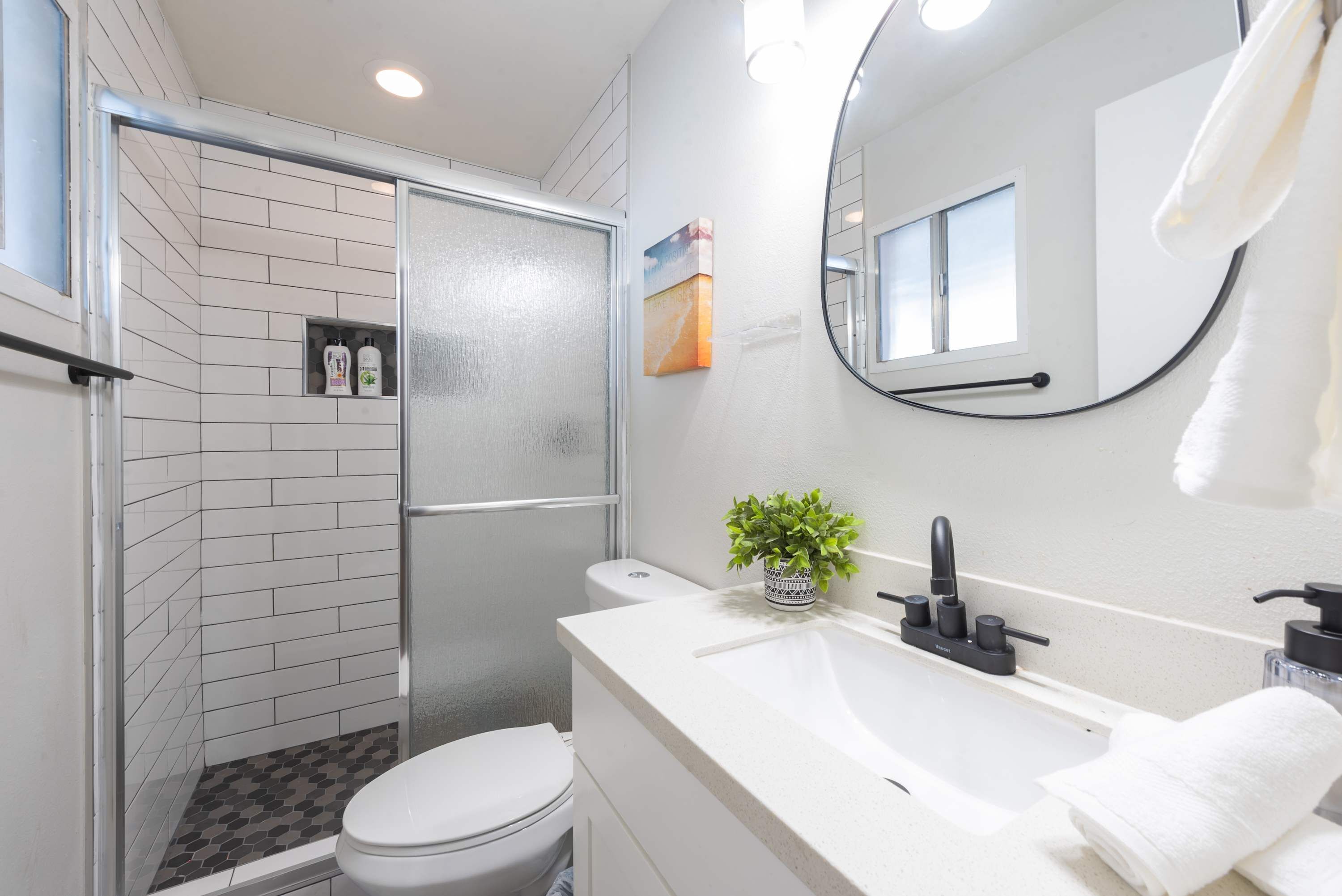 A modern bathroom with a glass shower enclosure, a white toilet, a sink with a mirror, and a small potted plant.