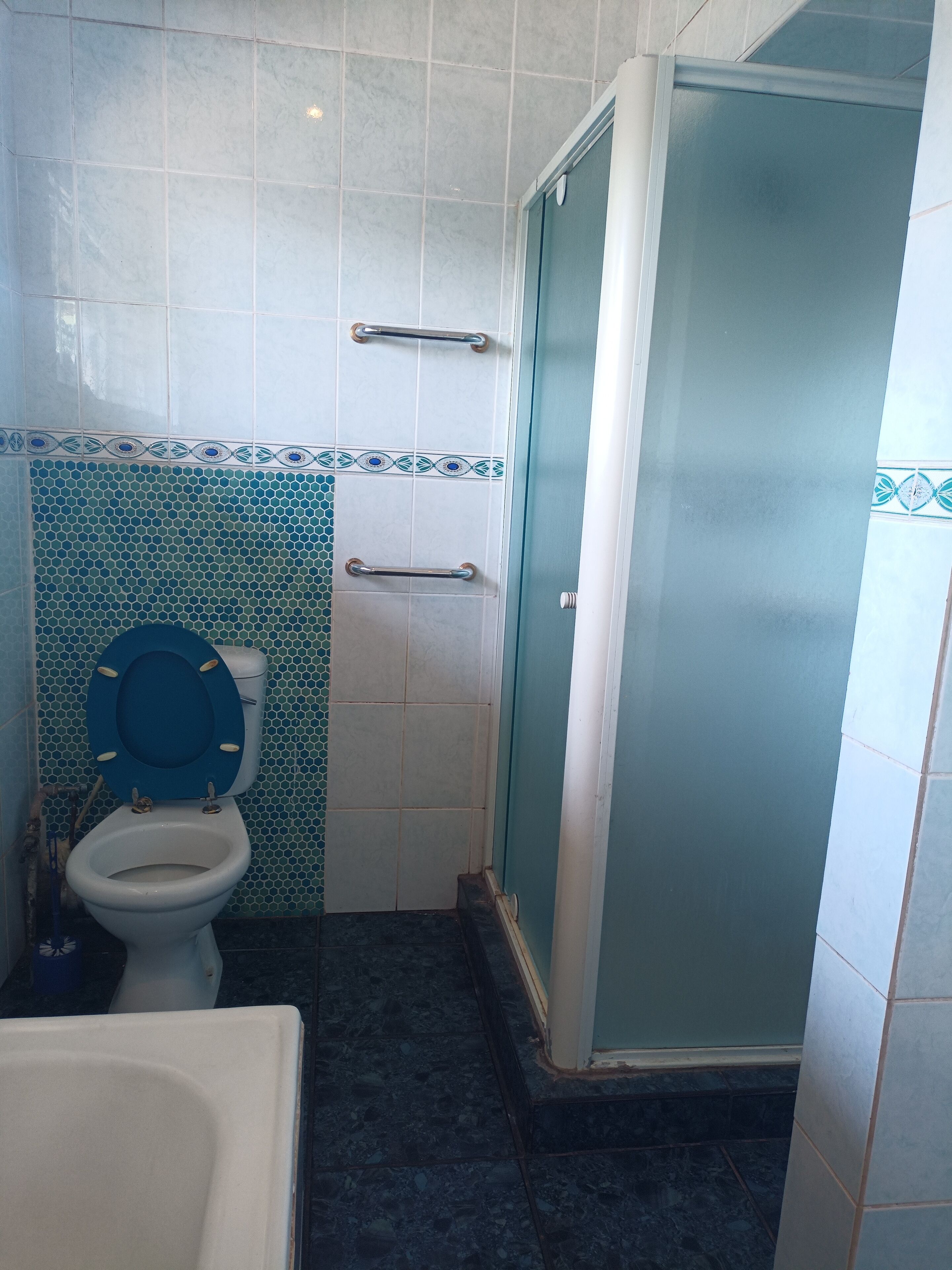 Une salle de bain équipée de toilettes, d’une douche et d’une baignoire.