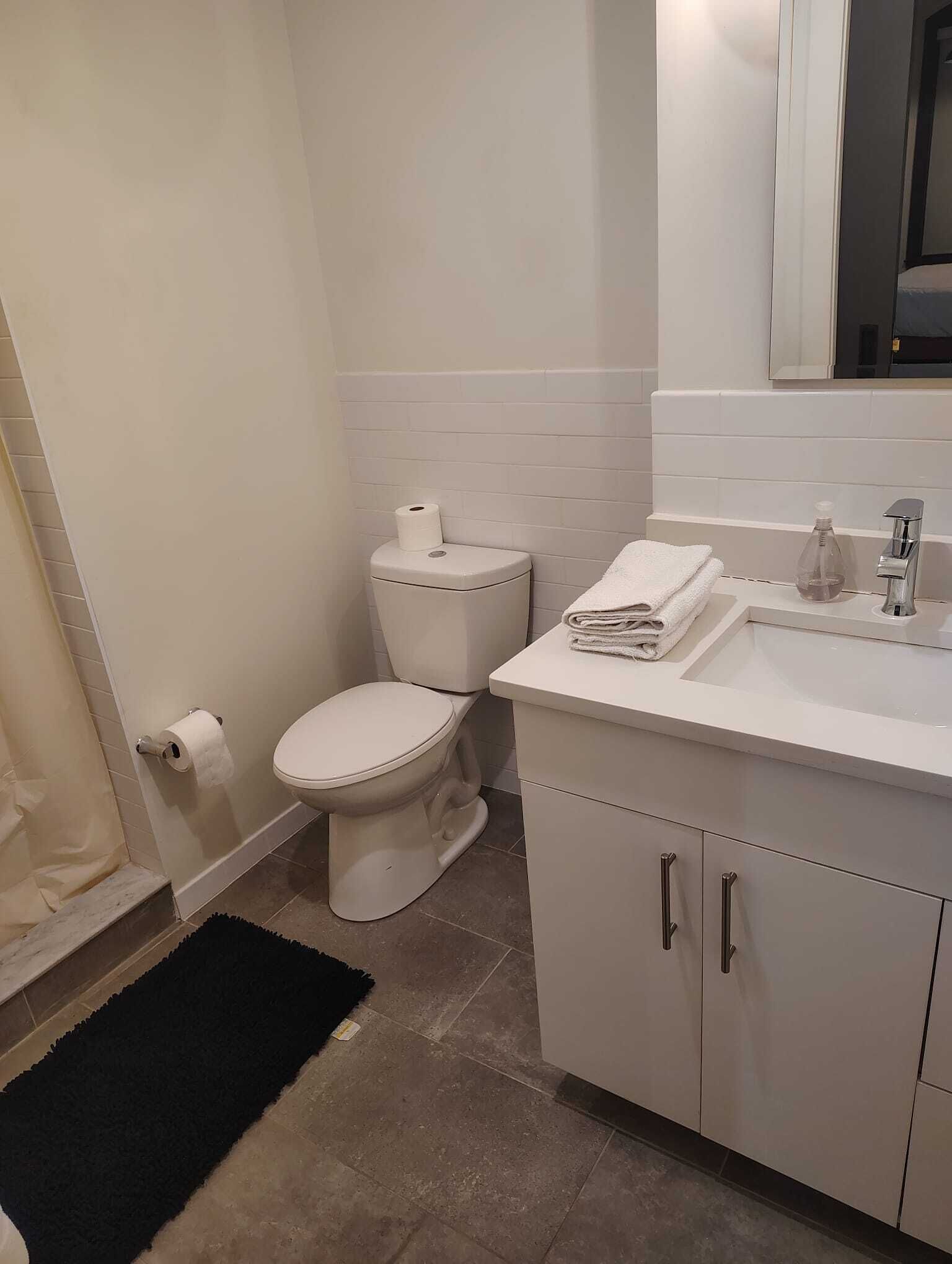 シャワー、タオル、石鹸、トイレットペーパー