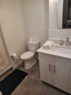 Shower, towels, soap, toilet paper