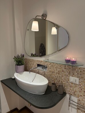 Shower, hair dryer, bidet, towels