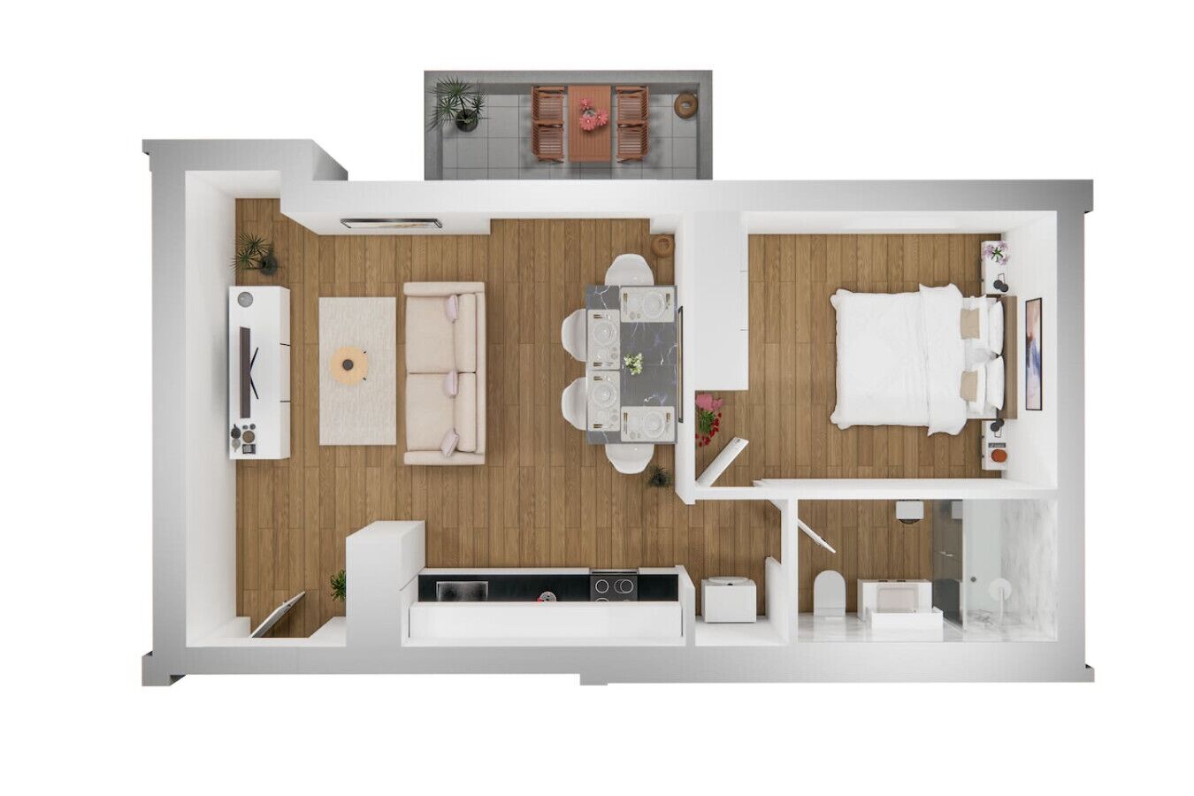 A modern apartment layout with a kitchen, dining area, living room, and a separate bedroom.