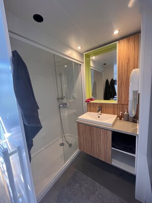 Shower, hair dryer, towels