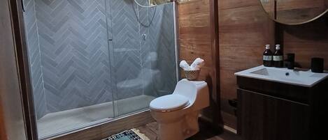 Un bagno con doccia, wc, lavandino e specchio.