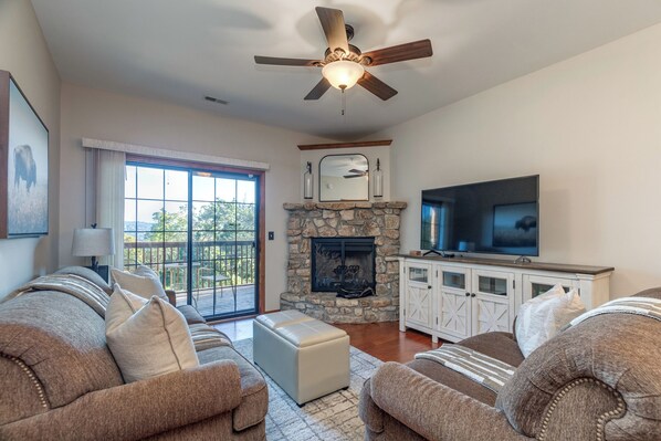 Smart TV, fireplace, DVD player, video library