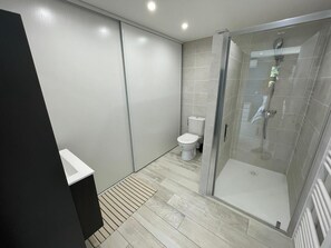 Shower, towels, toilet paper